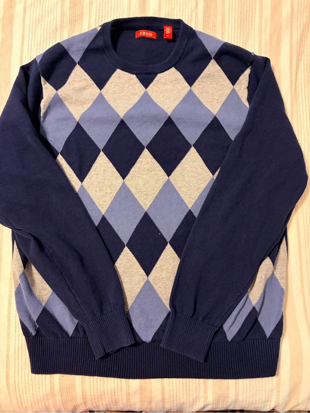 IZOD Men’s Medium Argyle Crewneck Sweater Navy Blue Gray Cream  100% cotton